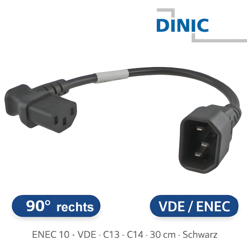 DINIC Kaltgeräte-Verlängerung C13 90° rechts gewinkelt auf C14, schwarz, 30cm